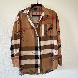 Shop28 Carmel Tan Plaid Novelty Doodle Graphic Button Up Shirt Fits Women M-L